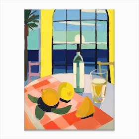 Painting Of A Lemons And Wine, Frenchch Riviera View, Checkered Cloth, Matisse Style 4 Canvas Print