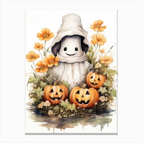 Cute Bedsheet Ghost, Botanical Halloween Watercolour 153 Canvas Print