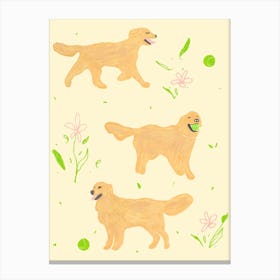 Happy Golden Retrievers with tennis balls Canvas Print