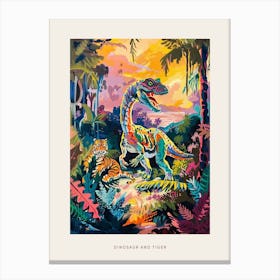 Colourful Tiger & Dinosaur In The Jungle Painting Poster Canvas Print