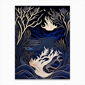 Water And Fire Elements Combined Waterscape Linocut 1 Canvas Print