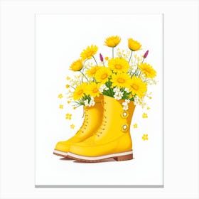 Yellow Flowers In Gardening Boots Canvas Print