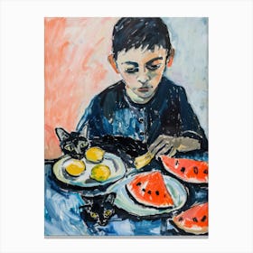 Portrait Of A Boy With Black Cats Eating A Sandia Canvas Print