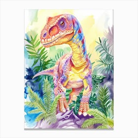 Rainbow Dinosaur Watercolour In The Foliage Canvas Print