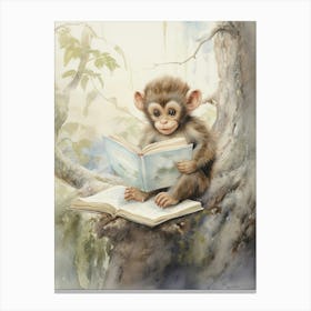 Monkey Painting Reading Watercolour 3 Canvas Print
