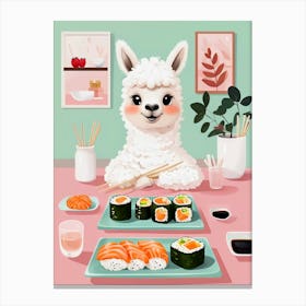 Cute Llama alpaca eating Sushi Canvas Print