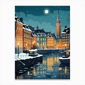 Winter Travel Night Illustration Copenhagen Denmark 1 Canvas Print