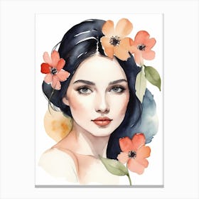 Floral Woman Portrait Watercolor Painting (6) Canvas Print