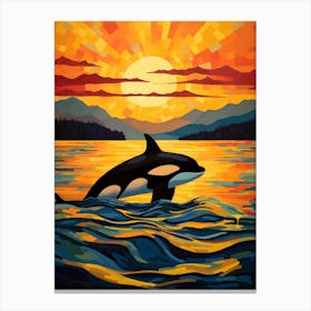 Geometric Orca Whale With Sunset And Mountain Canvas Print