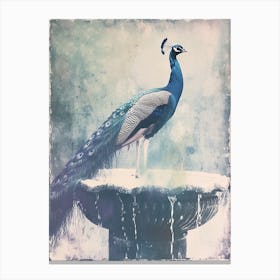 Vintage Turquoise Cyanotype Of A Peacock In A Fountain  1 Canvas Print