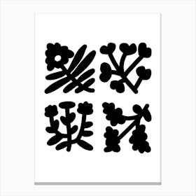 Four Silhouettes Of Flowers Black And White Canvas Print