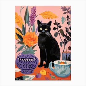 Lavender Flower Vase And A Cat, A Painting In The Style Of Matisse 0 Canvas Print