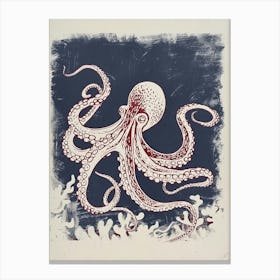 Octopus Linocut Style With Aqua Marine Plants 5 Canvas Print