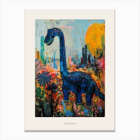 Dinosaur In The Flowers With A Cityscape In The Background Poster Canvas Print