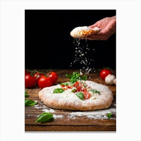 A Hand Stretching A Glistening Ball Of Pizza Dough Mid Action Flour Dusting In The Air From A Woode (6) Canvas Print