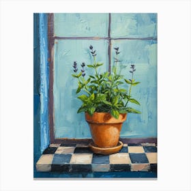 Potted Herbs On A Blue Checkered Windowsil 3 Canvas Print
