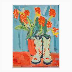 Painting Of Orange Flowers And Cowboy Boots, Oil Style Canvas Print