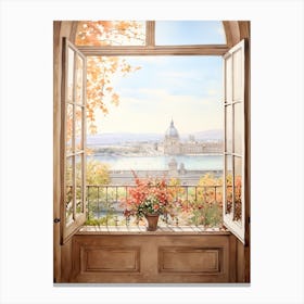 Window View Of Geneva Switzerland In Autumn Fall, Watercolour 3 Canvas Print