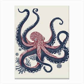 Red & Navy Blue Octopus In The Ocean Linocut Inspired 7 Canvas Print