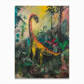 Colourful Dinosaur In The Leaves Painting 3 Canvas Print