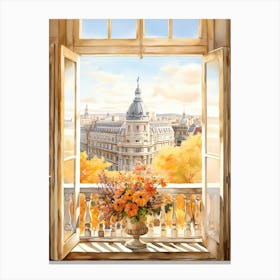 Window View Of Madrid Spain In Autumn Fall, Watercolour 1 Canvas Print