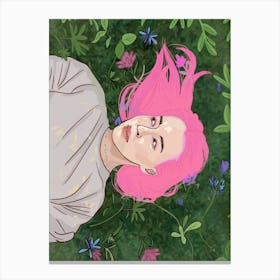 Girl in flowers, Sunshine (pink hair) Canvas Print