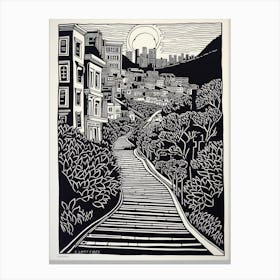 Lombard Street San Francisco Linocut Illustration Style 1 Canvas Print