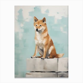 Shiba Inu Dog, Painting In Light Teal And Brown 1 Canvas Print