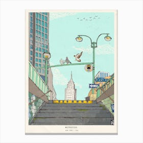 Metro Stop Manhattan NYC Art Print - Whimsical Cityscape Illustration - Colorful New York City Wall Art - Fine Art Home Decor Canvas Print