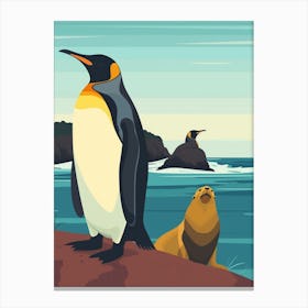 King Penguin Sea Lion Island Minimalist Illustration 1 Canvas Print