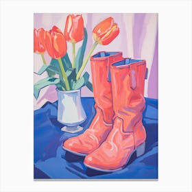 A Painting Of Cowboy Boots With Tulips Flowers, Fauvist Style, Still Life 2 Canvas Print