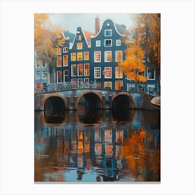 Amsterdam Colorful Buildings And Bridge, Reflections On Water Canvas Print