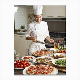 A French Chef Female Poised And Graceful Slices Juicy Cherry Tomatoes With A Kitchen Knife Raw B Canvas Print