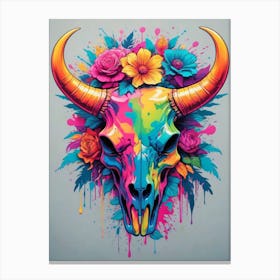 Floral Bull Skull Neon Iridescent Painting (8) Canvas Print