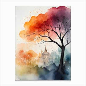 Watercolor Of A Tree And A Castle Canvas Print