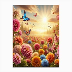 Daisy Field With Butterflies Canvas Print