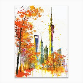 Guangzhou Tower In Guangzhou, White Background, Colorful Ink Style Illustration, Yellow Color Scheme, Light And Shadow Effects, Wu Guanzhong S Brushstrokes, White Space On The Left Side Of The Paper, High Definition Details, Ink Spla Stampe su tela