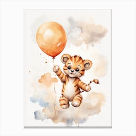 Baby Tiger Flying With Ballons, Watercolour Nursery Art 4 Canvas Print
