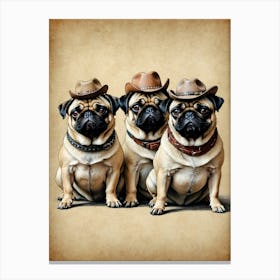 Three Pugs In Cowboy Hats Canvas Print