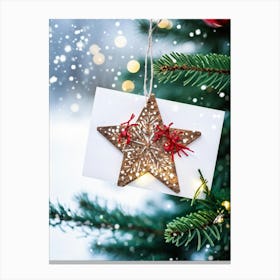 Festive Christmas Card Featuring A Close Up Of A Glowing Hand Made Wooden Star Ornament Resting On (3) Toile