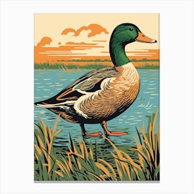 Vintage Bird Linocut Mallard Duck 2 Canvas Print