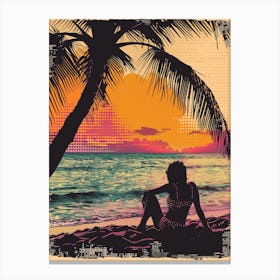 Retro Girl Sitting On The Beach Canvas Print