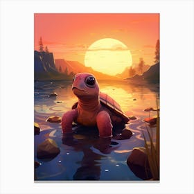 Baby Turtle With Sunset Canvas Print