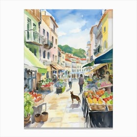 Food Market With Cats In Santander 4 Watercolour Canvas Print