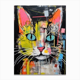 Meow Masterpiece: Graffiti by Basquiat style colourful cat Canvas Print