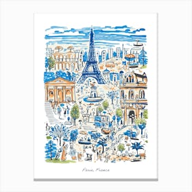 Paris France Eiffel Tower Illustration Line Art Travel Blue Canvas Print