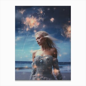 Woman on the beach surrounded by cosmic stardust 4 Canvas Print
