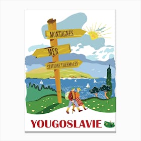 Yugoslavia, Hiking Couple Passing the Wooden Sign Canvas Print