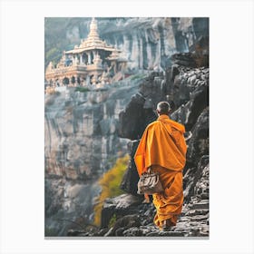 Monk Walking On Rocks Canvas Print