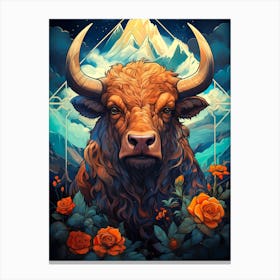 Bull With Roses Canvas Print